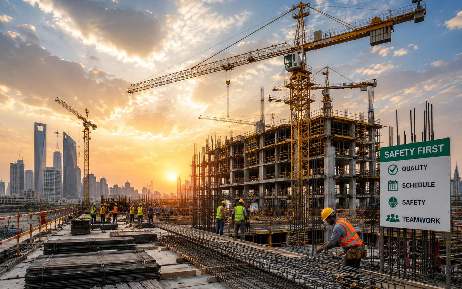 Large-scale construction project at sunset